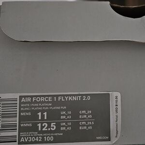 Men's size 11 nike air force 1 flyknit pure platinum